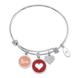 Love" Heart Cubic Zirconia Heart Bangle Bracelet Stainless Steel